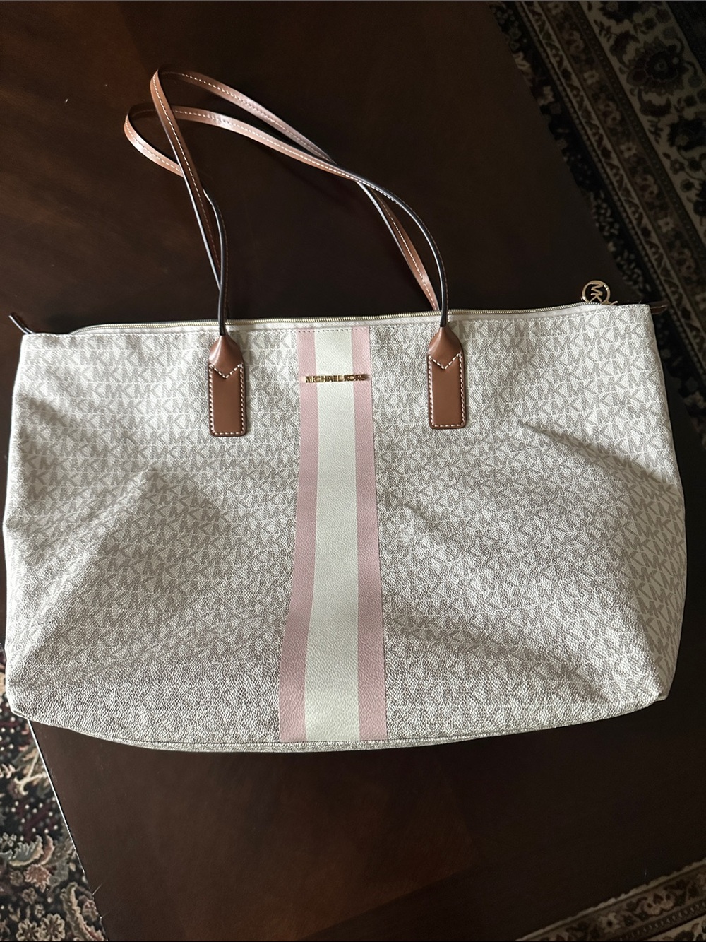 Michael Kors Cream and Pink Stripe Logo Tote - Picture 5 of 8